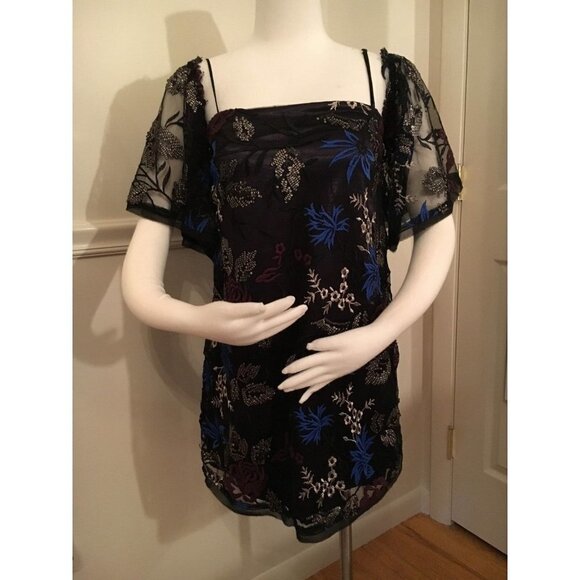 Urban Outfitters Black Gold Blue Sheer Embroidered Embellished Mini Dress Size M - Picture 1 of 9